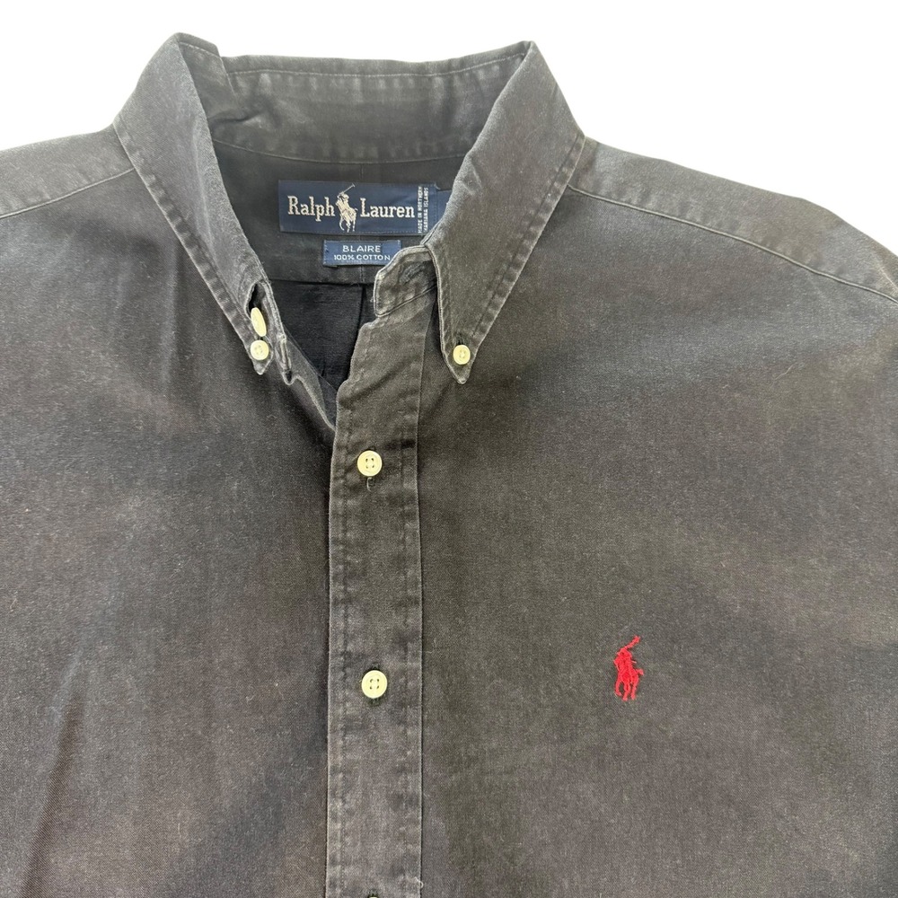 Ralph Lauren Blaire Mens Black Cotton Button Down Shirt Long Sleeve Red Pony L